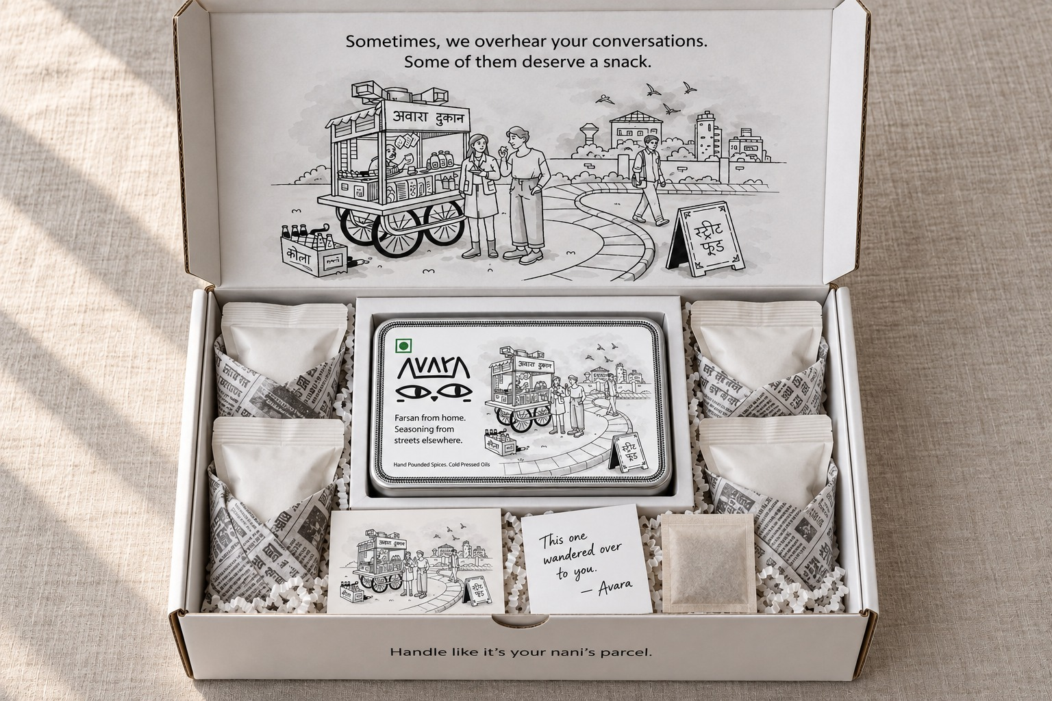 AVARA gift box with a tin and snack pouches